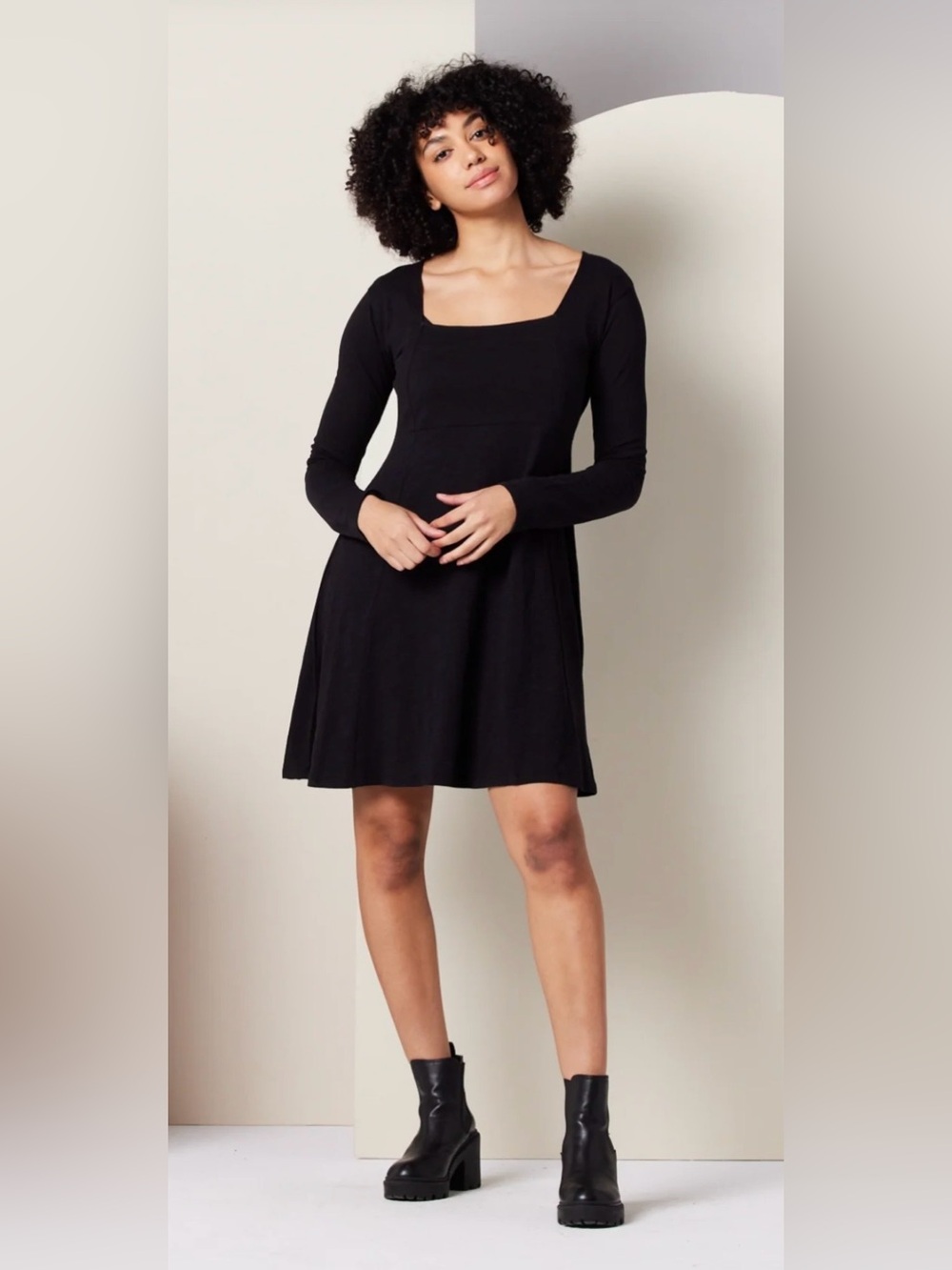 Known Supply Sonnet Black Long-Sleeve Square Neck A-Line Dress Large